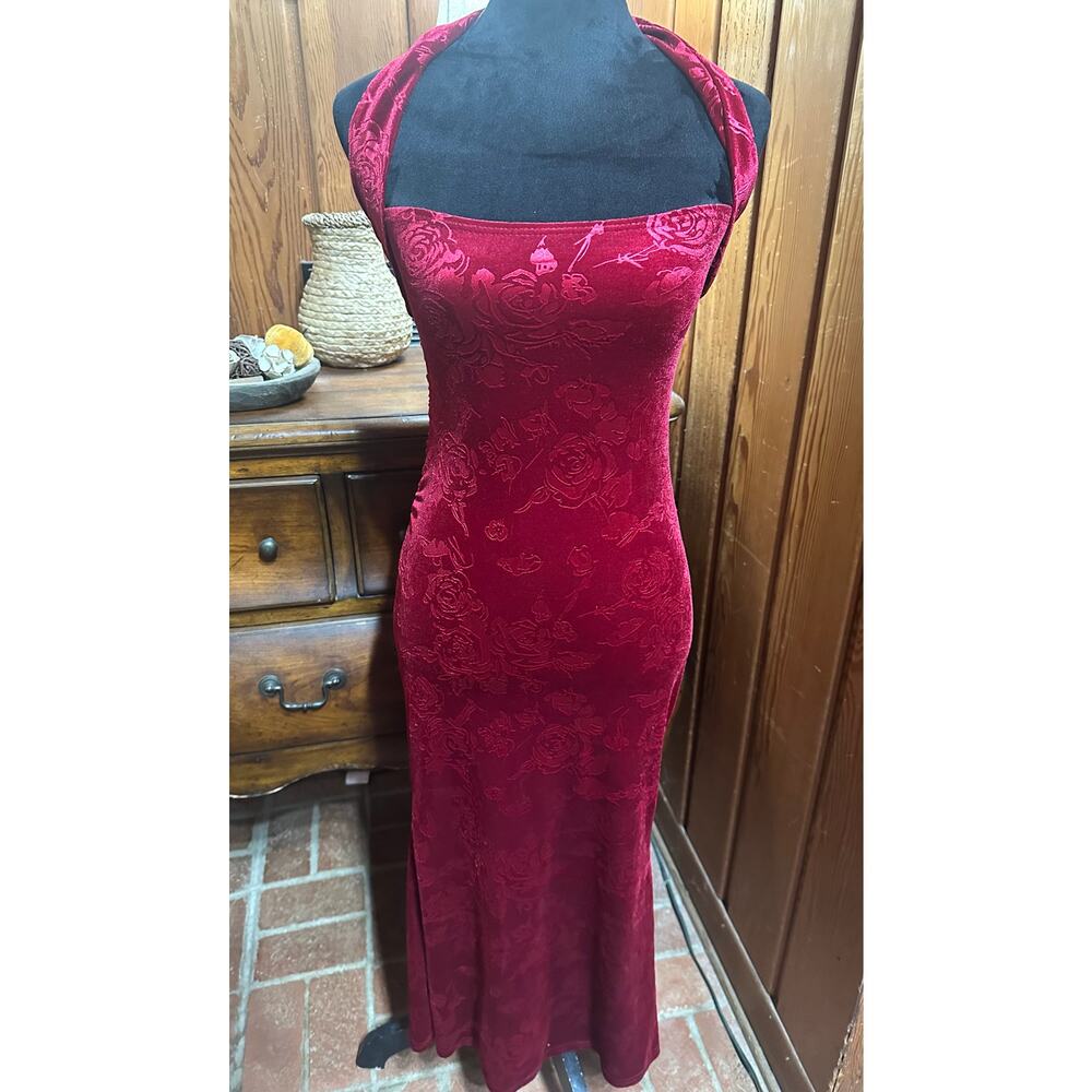 Holiday Party Velvet Slit Hem Halter Neck Party Maxi Dress Burgundy XS Vamp - Picture 3 of 9